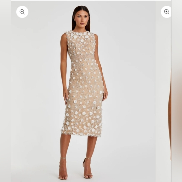 NWT! MAC DUGGAL, Nude Floral Applique Sleeveless Midi Dress, lvory Nude, Size 0